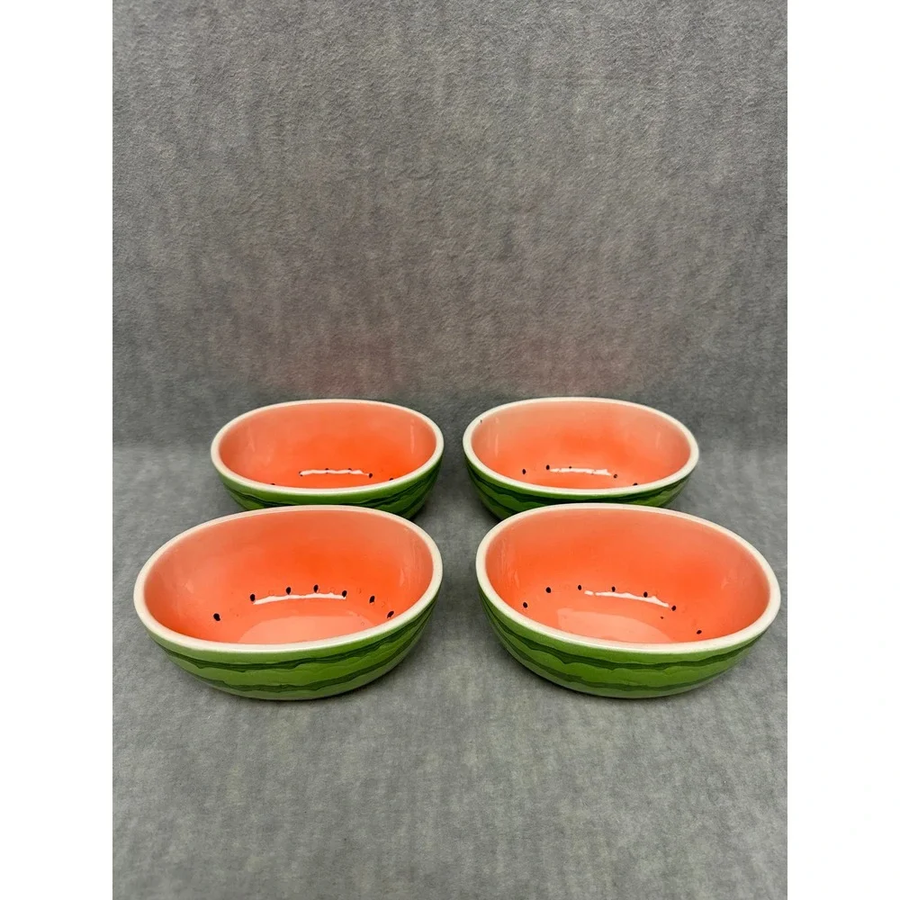 Vintage Watermelon Ceramic Bowls Green Pink Set of 4 Oval Fruit‎ Design Japan